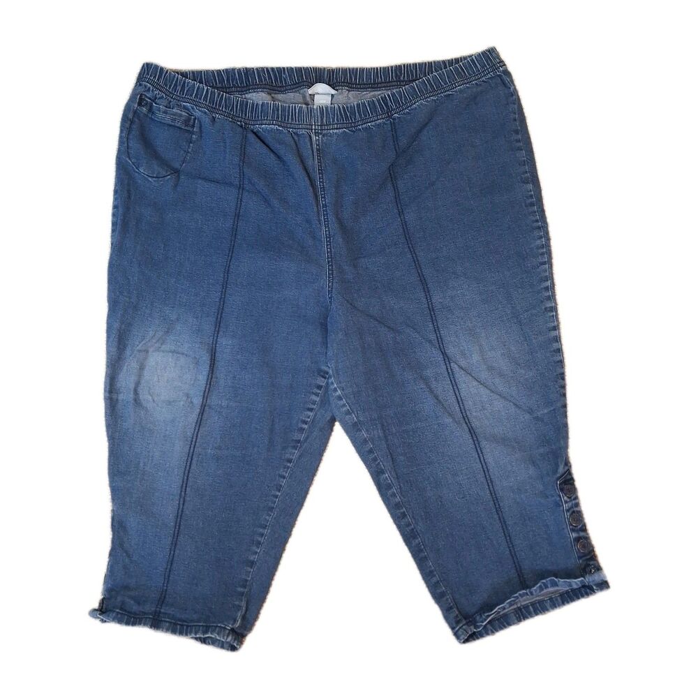 Liz & Me Denim Capris Size 28W Blue Pull On Pintuck Seam Button Hem Crop Pants